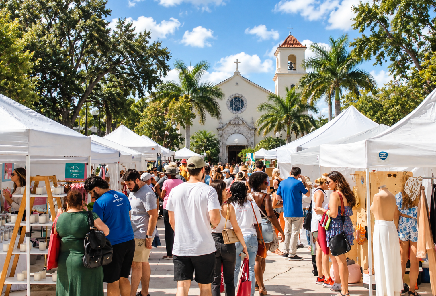 Community outdoor farmers market with vendor tents